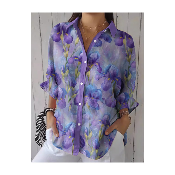 Women Floral Three Quarter Sleeve Shirt Spring/Fall Printing Shirt Collar Daily Casual Top
