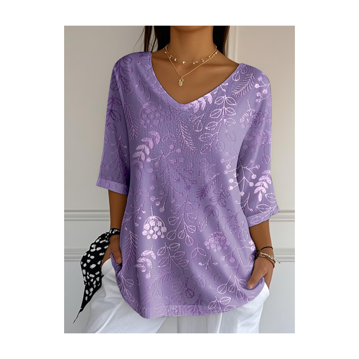 Women Floral Three Quarter Sleeve Tee T-shirt V Neck Printing Casual Spring/Fall Graphic Tee Top