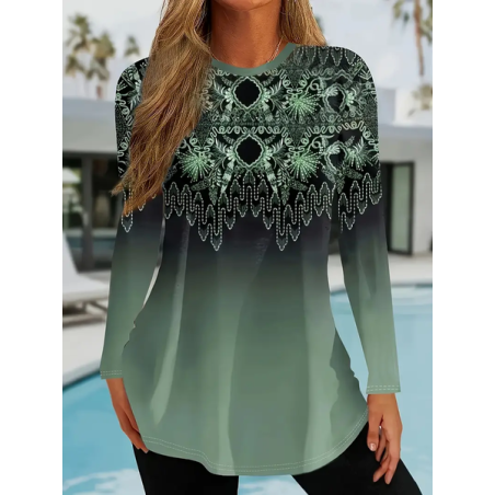 Women Ethnic Long Sleeve Tee T-shirt Crew Neck Printing Casual Spring/Fall Graphic Tee Top