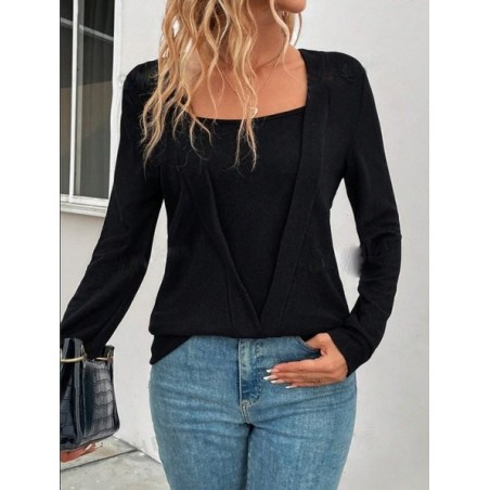 Women Plain Long Sleeve Tee T-shirt Crew Neck Split Joint Vintage Spring/Fall Top