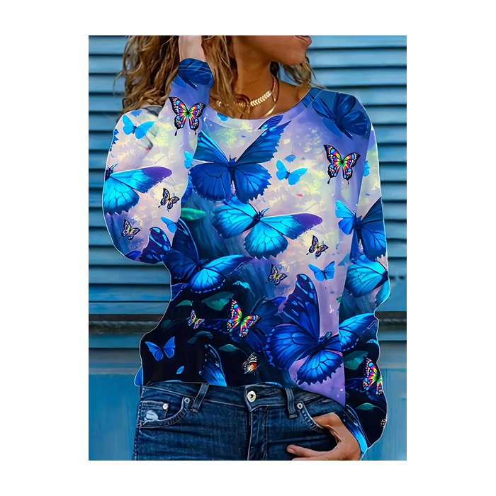 Women Butterfly Long Sleeve Tee T-shirt Crew Neck Printing Casual Spring/Fall Graphic Tee Top