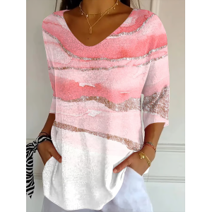 Women Abstract Three Quarter Sleeve Tee T-shirt V Neck Printing Casual Spring/Fall Graphic Tee Top