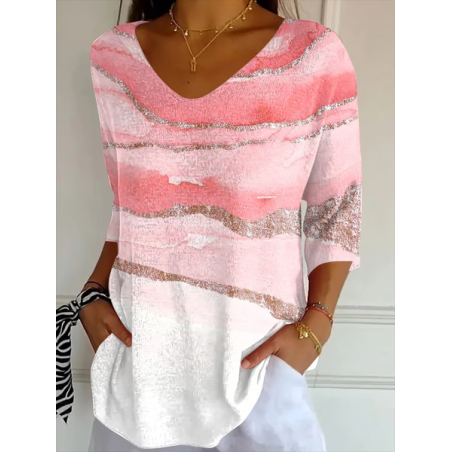 Women Abstract Three Quarter Sleeve Tee T-shirt V Neck Printing Casual Spring/Fall Graphic Tee Top