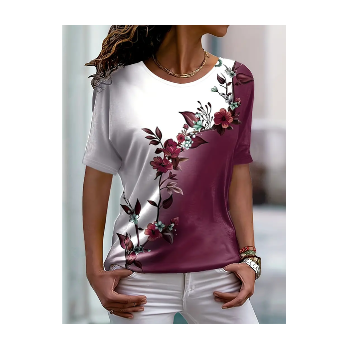 Women's Short Sleeve Tee T-shirt Summer Floral Printing Crew Neck Casual Graphic Tee Top