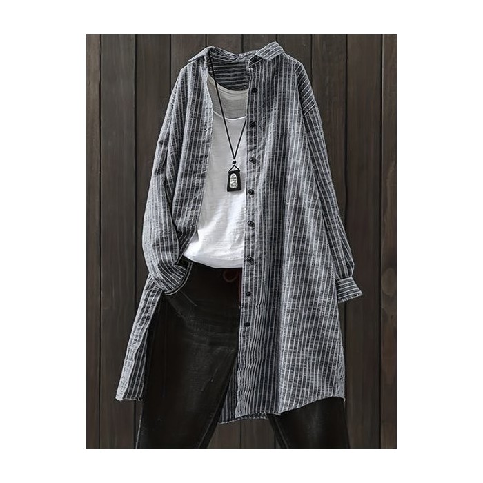 Women Striped Long Sleeve Shirt Spring/Fall Printing Stand Collar Daily Casual Top