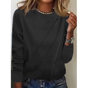 Women's Long Sleeve Tee T-shirt Spring/Fall Plain Buckle Knitted Crew Neck Daily Going Out Casual Top