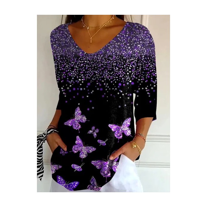 Women Butterfly Three Quarter Sleeve Tee T-shirt V Neck Printing Casual Spring/Fall Graphic Tee Top