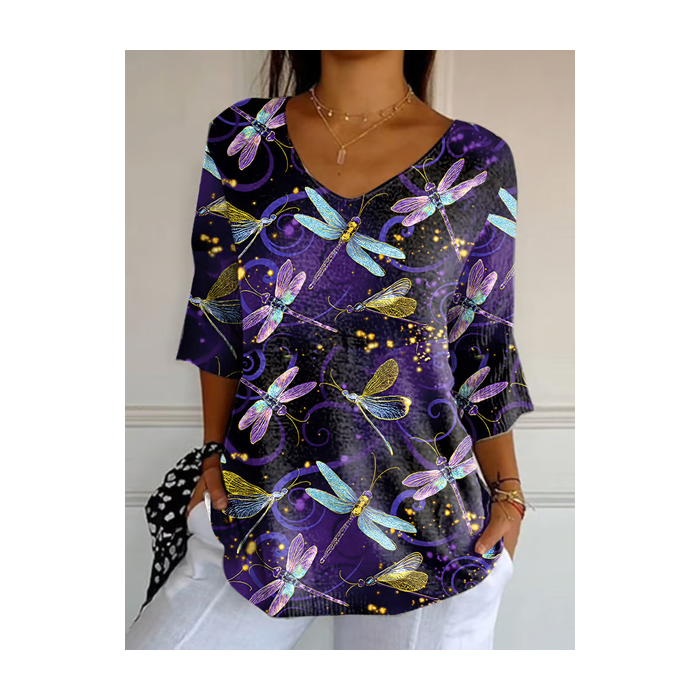 Women Dragonfly Three Quarter Sleeve Tee T-shirt V Neck Printing Casual Spring/Fall Graphic Tee Top