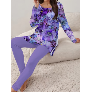 Women Floral Printing Two-Piece Set Daily Long Sleeve Casual Spring/Fall Top With Pants Matching Set