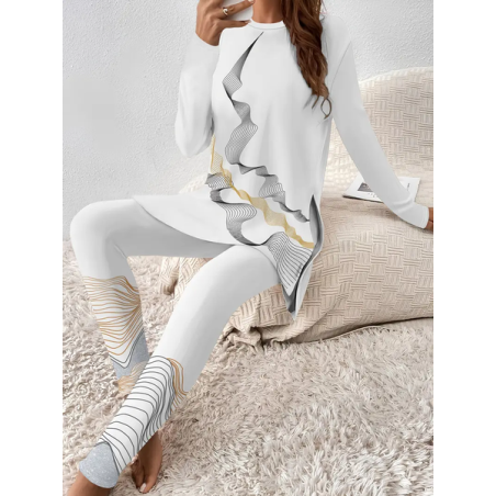 Women Abstract Printing Two-Piece Set Daily Long Sleeve Casual Spring/Fall Top With Pants Matching Set
