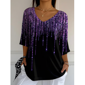 Women Abstract Three Quarter Sleeve Tee T-shirt V Neck Printing Casual Spring/Fall Graphic Tee Top