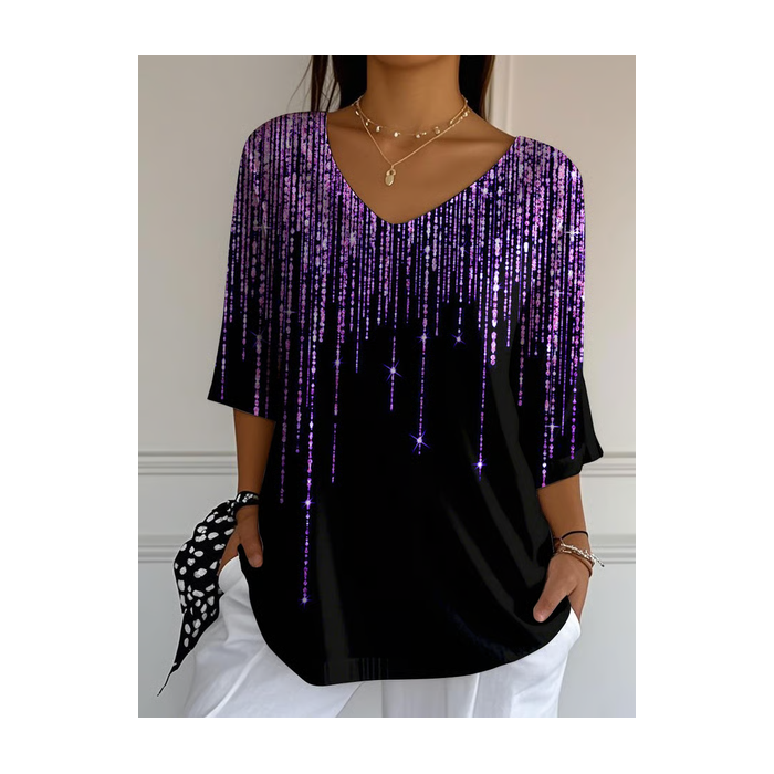 Women Abstract Three Quarter Sleeve Tee T-shirt V Neck Printing Casual Spring/Fall Graphic Tee Top