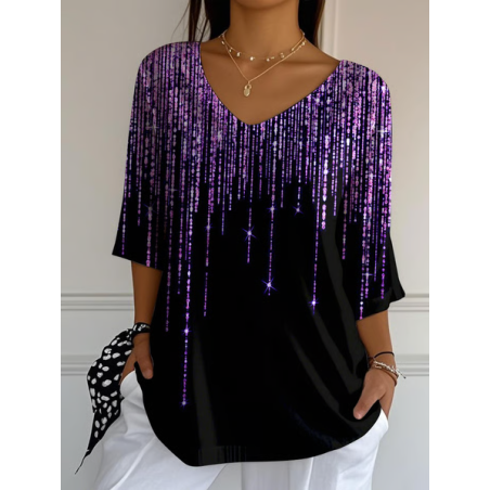 Women Abstract Three Quarter Sleeve Tee T-shirt V Neck Printing Casual Spring/Fall Graphic Tee Top