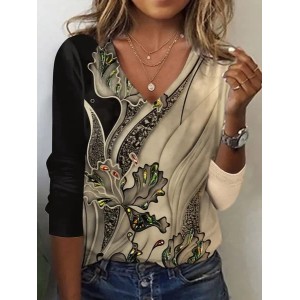 Women Floral Long Sleeve Tee T-shirt V Neck Printing Casual Spring/Fall Graphic Tee Top