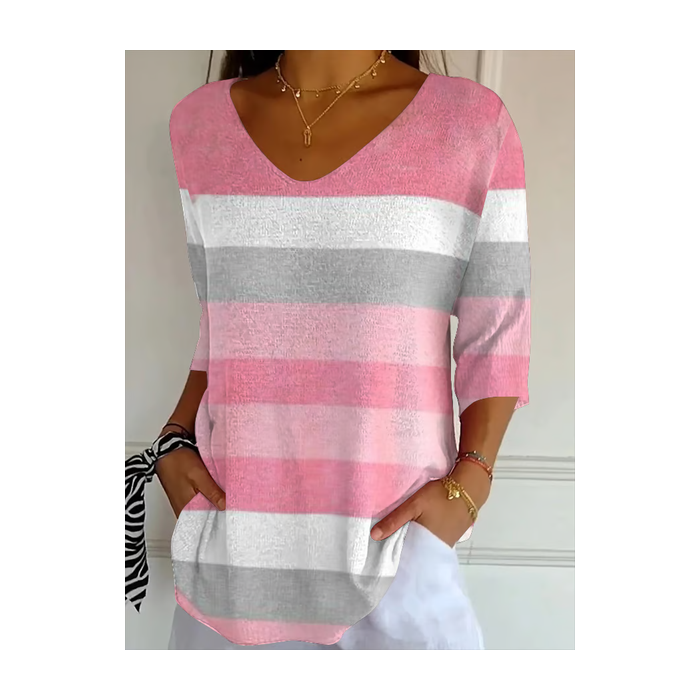 Women Striped Three Quarter Sleeve Tee T-shirt V Neck Printing Casual Spring/Fall Graphic Tee Top