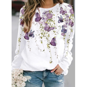 Women Butterfly Crew Neck Printing Casual Spring/Fall Long Sleeve Sweatshirt