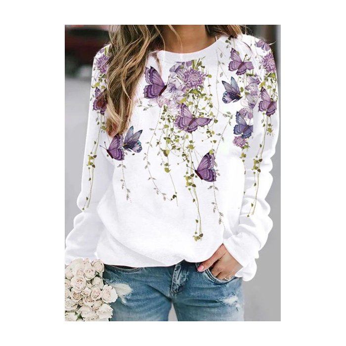 Women Butterfly Crew Neck Printing Casual Spring/Fall Long Sleeve Sweatshirt