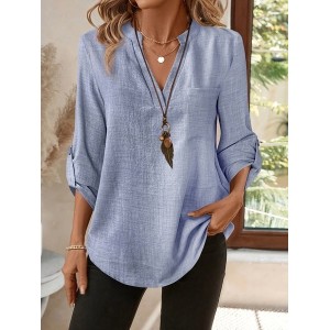 Women Plain Three Quarter Sleeve Shirt Spring/Fall Split Joint V Neck Daily Casual Top