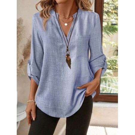 Women Plain Three Quarter Sleeve Shirt Spring/Fall Split Joint V Neck Daily Casual Top