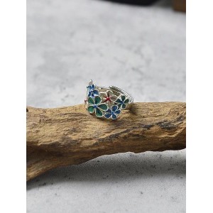 Exquisite Open Enamel Creative Retro Color Flower Ring Ethnic Style Classical Open Adjustable Ring