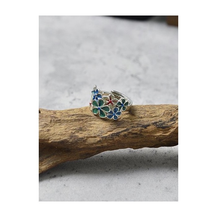 Exquisite Open Enamel Creative Retro Color Flower Ring Ethnic Style Classical Open Adjustable Ring
