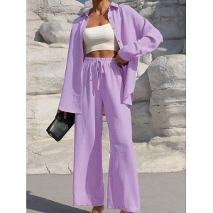 Women Plain Split Joint Two-Piece Set Daily Long Sleeve Casual Spring/Fall Top With Pants Matching Set