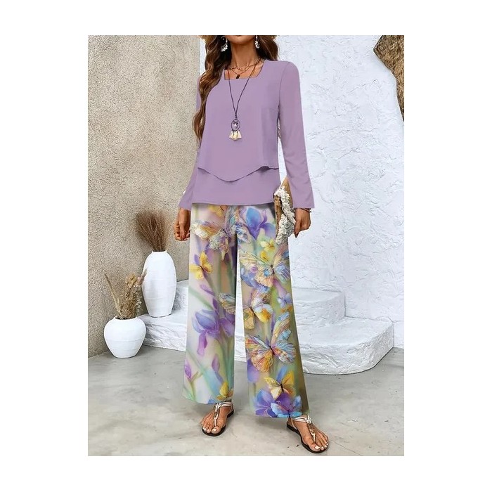 Women Floral Printing Two-Piece Set Daily Long Sleeve Casual Spring/Fall Top With Pants Matching Set