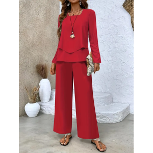 Women Plain Printing Two-Piece Set Daily Long Sleeve Casual Spring/Fall Top With Pants Matching Set