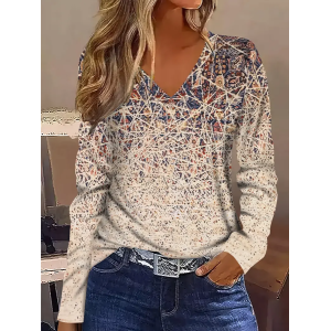 Women Abstract Long Sleeve Tee T-shirt V Neck Printing Casual Spring/Fall Graphic Tee Top