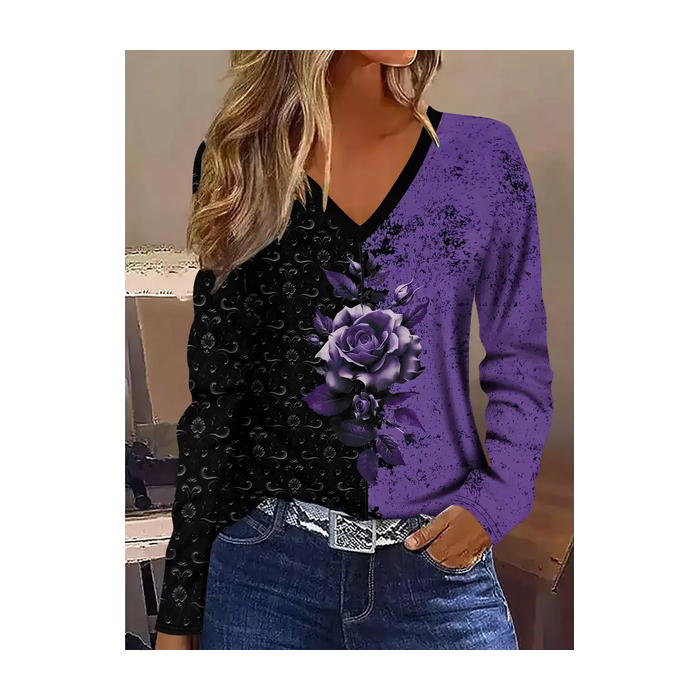 Women Floral Long Sleeve Tee T-shirt V Neck Printing Casual Spring/Fall Graphic Tee Top