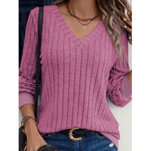 Women Plain Long Sleeve Tee T-shirt V Neck Split Joint Vintage Spring/Fall Top