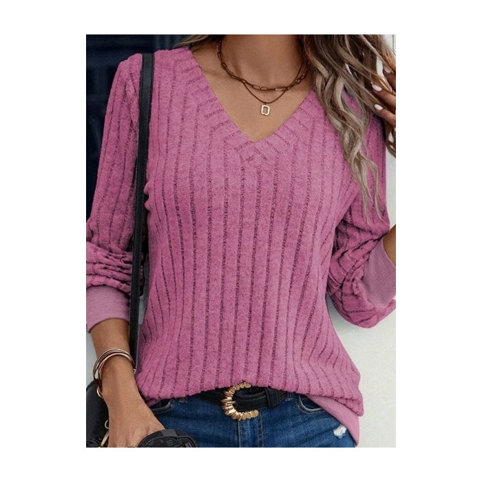 Women Plain Long Sleeve Tee T-shirt V Neck Split Joint Vintage Spring/Fall Top