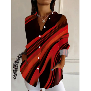 Women Abstract Long Sleeve Shirt Spring/Fall Buckle Shirt Collar Regular Sleeve Daily Casual Top