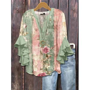 Women Floral Half Sleeve Shirt Summer Printing V Neck Daily Casual Top