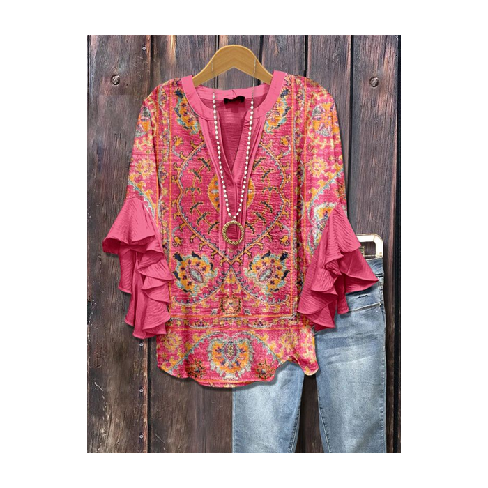 Women Floral Half Sleeve Shirt Summer Printing V Neck Daily Casual Top