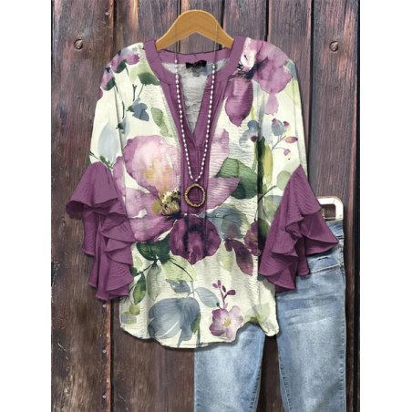 Women Floral Half Sleeve Shirt Summer Printing V Neck Daily Casual Top