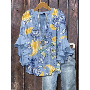 Women Floral Half Sleeve Shirt Summer Printing V Neck Daily Casual Top