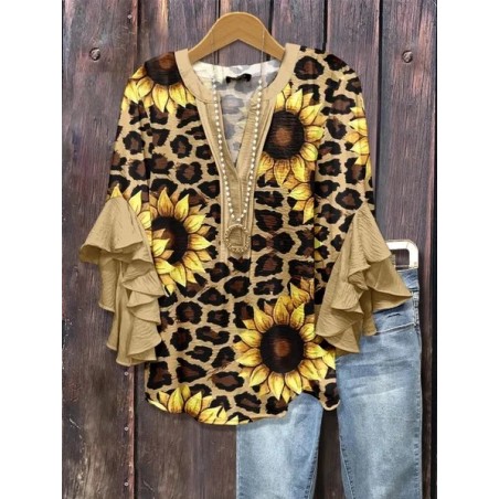 Women Leopard Half Sleeve Shirt Summer Printing V Neck Daily Casual Top
