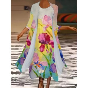 Women Floral Printing Two-Piece Set Daily Three Quarter Sleeve Casual Spring/Fall Coat With Skirt Matching Set