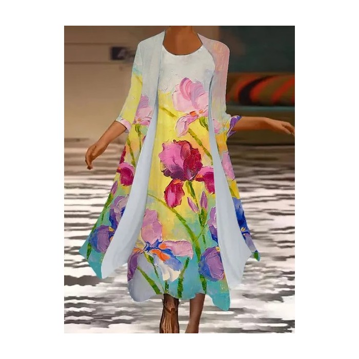 Women Floral Printing Two-Piece Set Daily Three Quarter Sleeve Casual Spring/Fall Coat With Skirt Matching Set