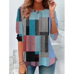 Women Abstract Plaid Long Sleeve Tee T-shirt Crew Neck Printing Casual Spring/Fall Graphic Tee Top