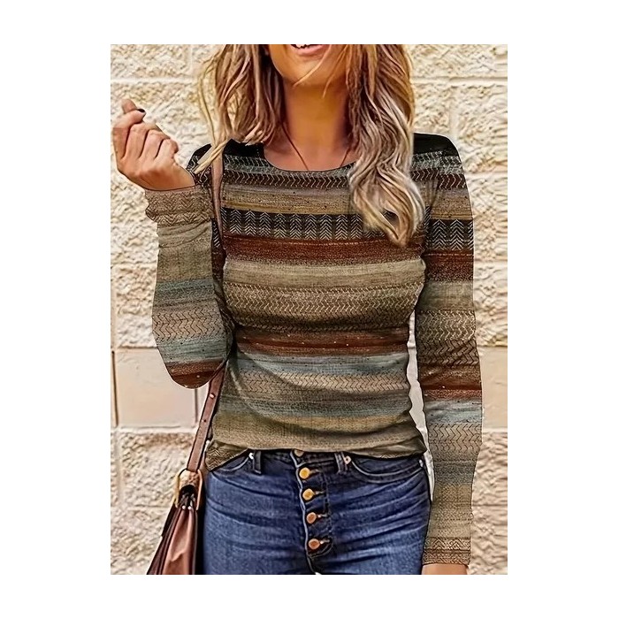 Women Abstract Long Sleeve Tee T-shirt Crew Neck Printing Casual Spring/Fall Graphic Tee Top