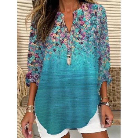 Women Floral Long Sleeve Blouse Spring/Fall Printing V Neck Daily Casual Top