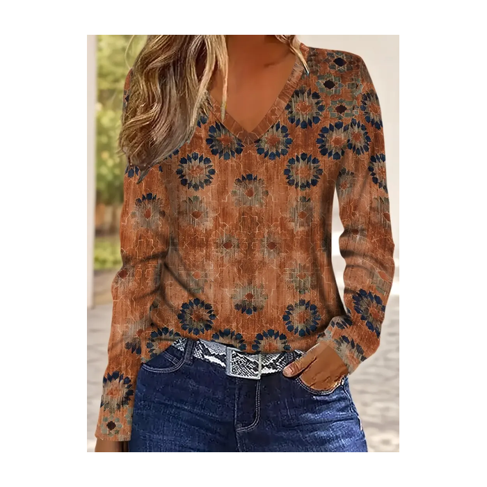 Women Abstract Long Sleeve Tee T-shirt V Neck Printing Casual Spring/Fall Graphic Tee Top