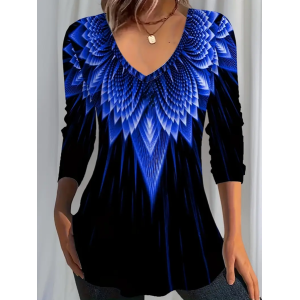 Women Abstract Long Sleeve Tee T-shirt V Neck Printing Casual Spring/Fall Graphic Tee Top
