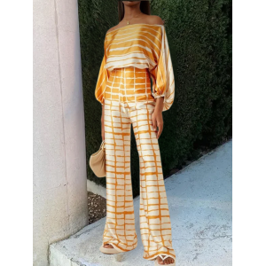 Women Striped Printing Dolman Sleeve Two-Piece Set Daily Half Sleeve Casual Summer Top With Pants Matching Set