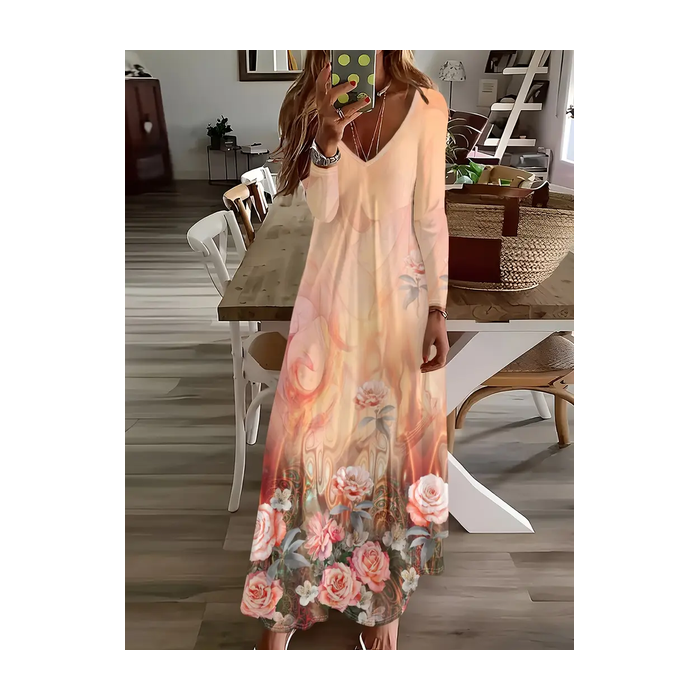 Women Floral Long Sleeve Spring/Fall Printing Dress V Neck Daily Casual Maxi H-Line Dress