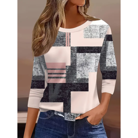Women Geometric Three Quarter Sleeve Tee T-shirt Crew Neck Casual Spring/Fall Graphic Tee Top