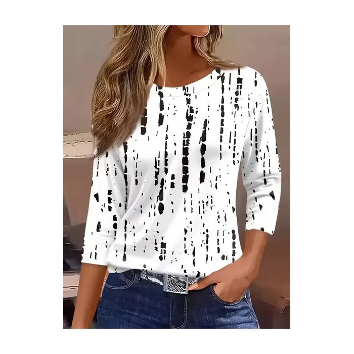 Women Abstract Three Quarter Sleeve Tee T-shirt Crew Neck Casual Spring/Fall Graphic Tee Top