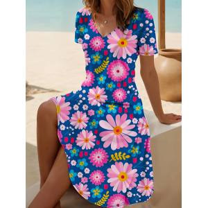 Women Floral Short Sleeve Summer Printing Dress V Neck Daily Casual Midi Fit & Flare Dress A-Line Dress